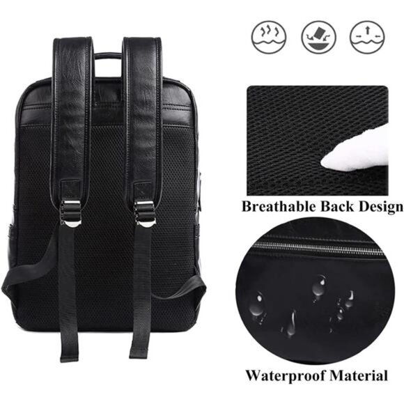 Black Leather Backpack with USB Charging Port - Picture 4 of 7